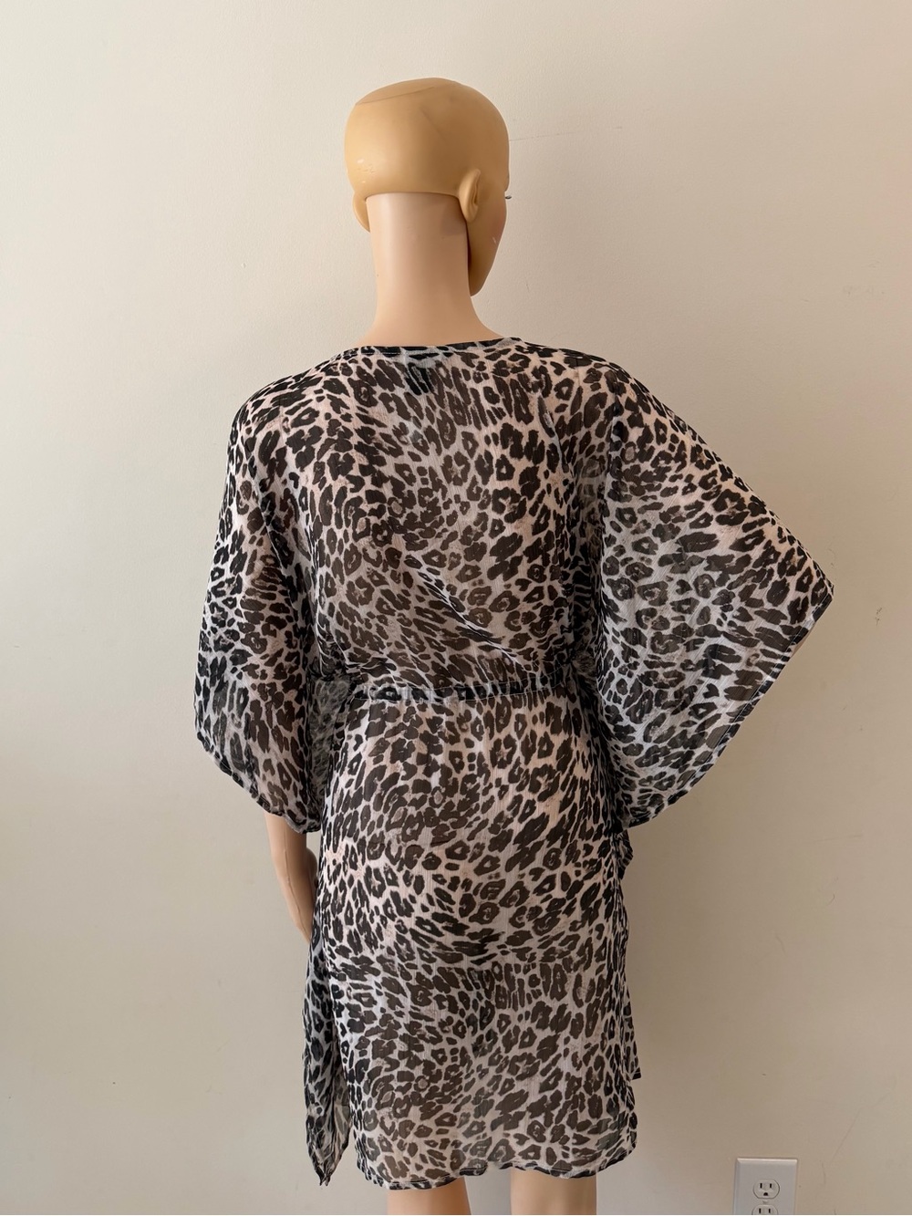Grey Leopard Print Women’s Sheer Chiffon Beach Cover Up Mini Kaftan Dress Tunic - Picture 7 of 8